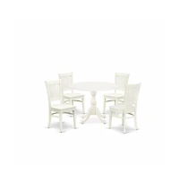 East West Furniture 5-Pc Kitchen Dining Room Set- 4 Mid Century Chair with Wooden Seat and Slatted Chair Back - Drop Leaves Round Table