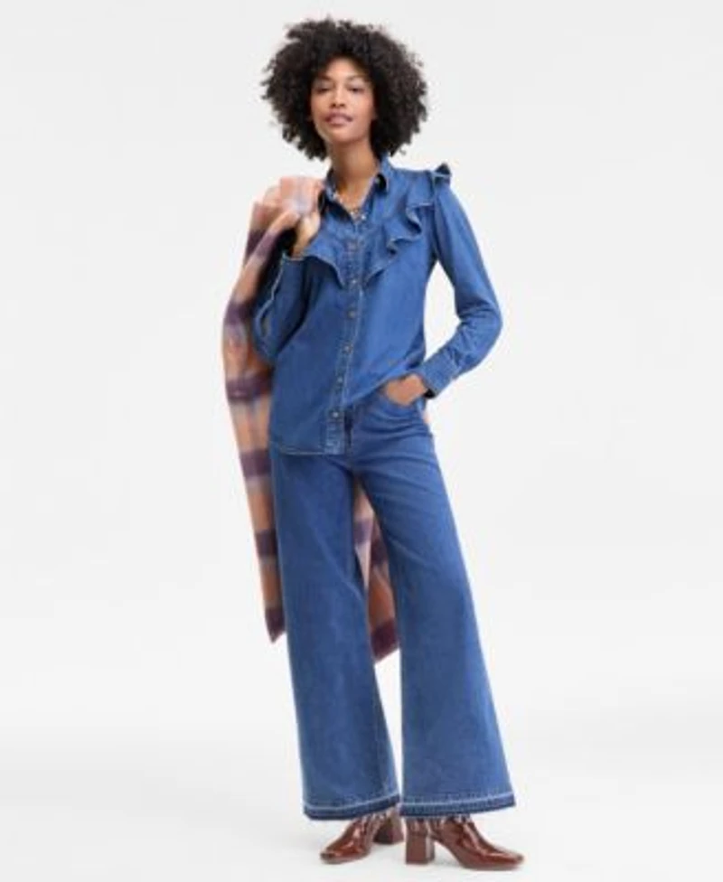 On 34th Womens Brushed Plaid Double Breasted Coat Denim Ruffle Shirt Released Hem Jeans Necklace Margoe Square Toe Booties Macys Exclusive