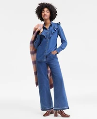 On 34th Womens Brushed Plaid Double Breasted Coat Denim Ruffle Shirt Released Hem Jeans Necklace Margoe Square Toe Booties Macys Exclusive