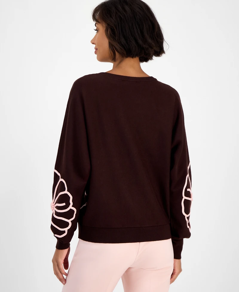 T Tahari Women's Floral-Embroidered Long-Sleeve Sweater
