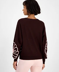 T Tahari Women's Floral-Embroidered Long-Sleeve Sweater