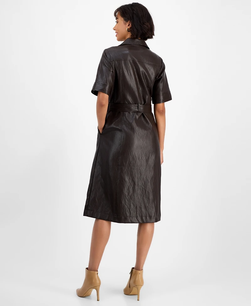 T Tahari Women's Faux-Leather Belted Button-Front Dress