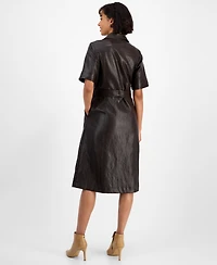 T Tahari Women's Faux-Leather Belted Button-Front Dress