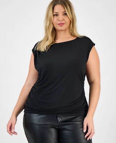 I.n.c. International Concepts Plus Ruched Boat-Neck Extended-Sleeve Top, Macy's Exclusive