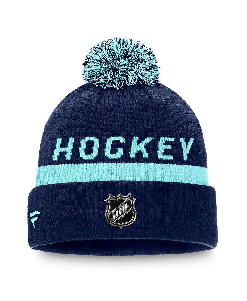 Fanatics Men's Deep Sea Blue Seattle Kraken Authentic Pro Locker Room Cuffed Pom with Knit Hat