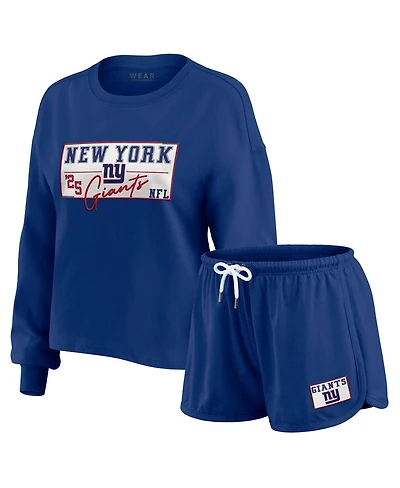 Wear by Erin Andrews Women's 2-Piece Royal New York Giants Heavy Rugby Jersey Long Sleeve T-Shirt and Shorts Lounge Set