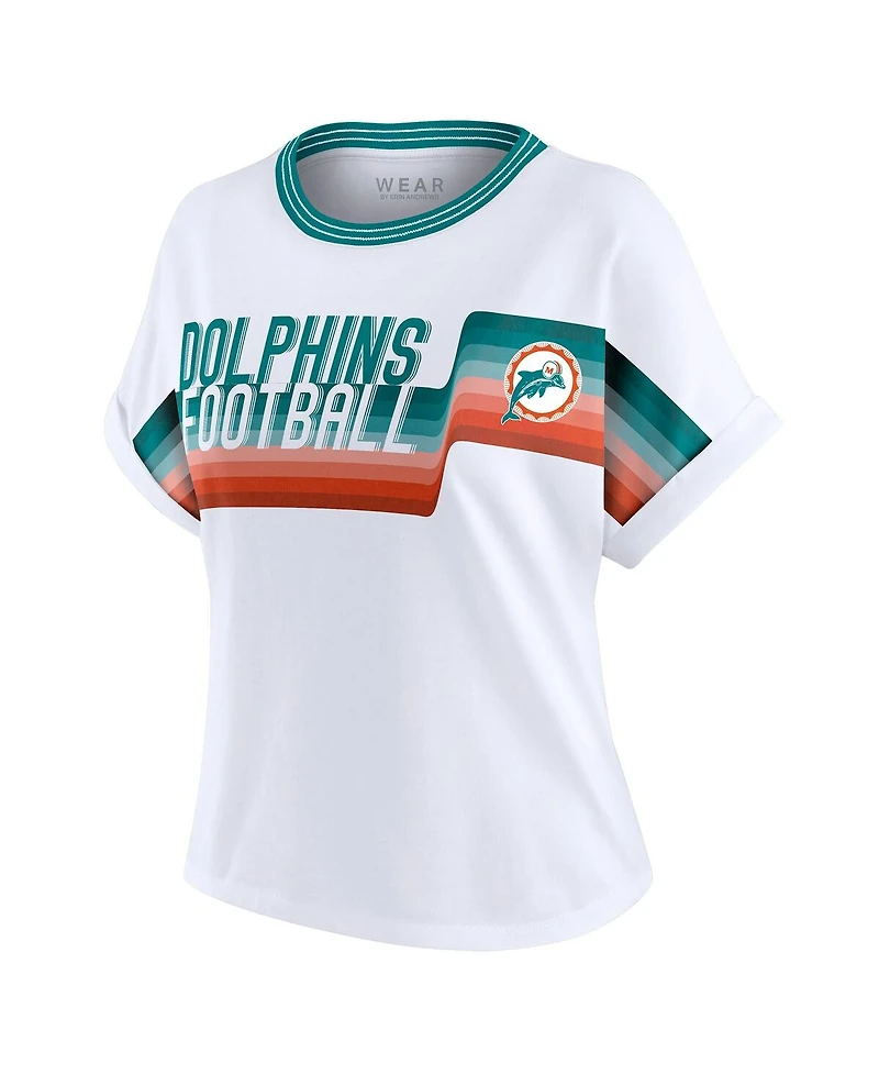 Wear by Erin Andrews Women's White Miami Dolphins Cropped Center Stripe Dolman T-Shirt