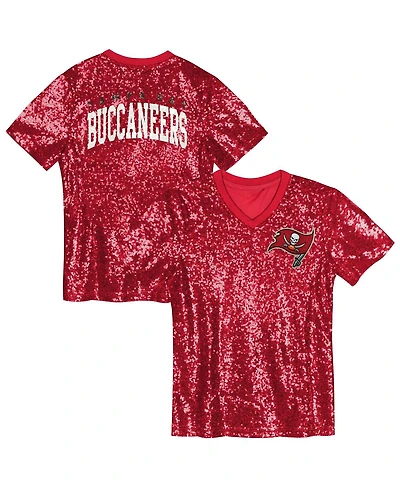 Outerstuff Big Girls Red Tampa Bay Buccaneers Wordmark Sequin V-Neck Top