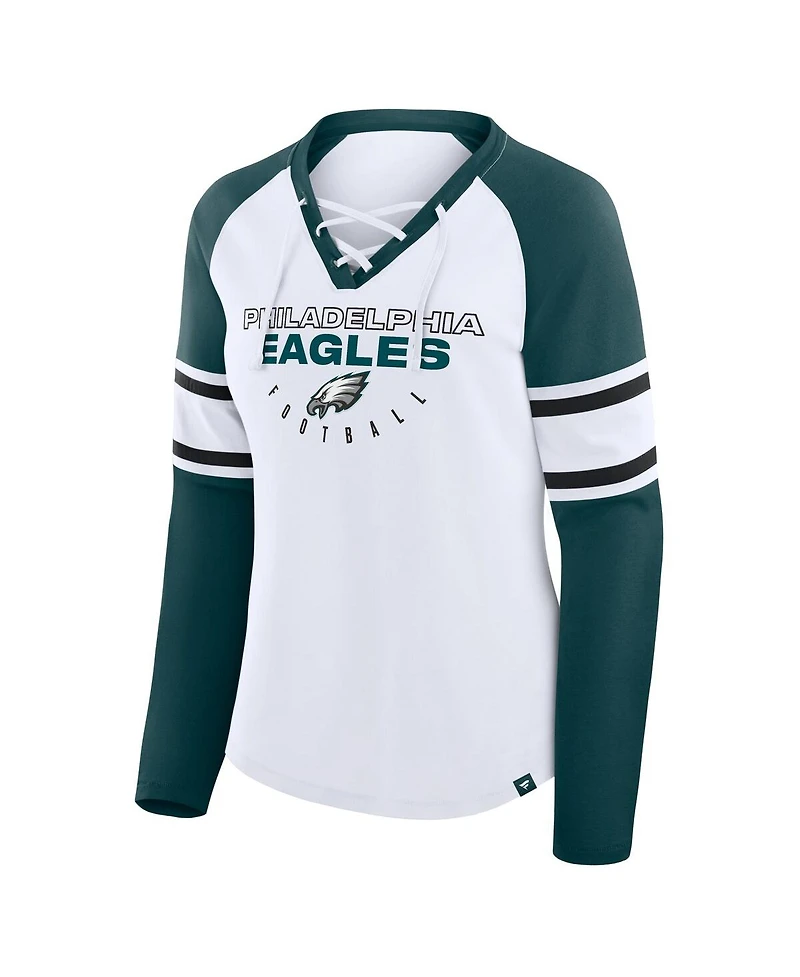 Fanatics Women's White/Green Philadelphia Eagles Redzone Blitz Package Raglan Lace-Up V-Neck Long Sleeve T-Shirt