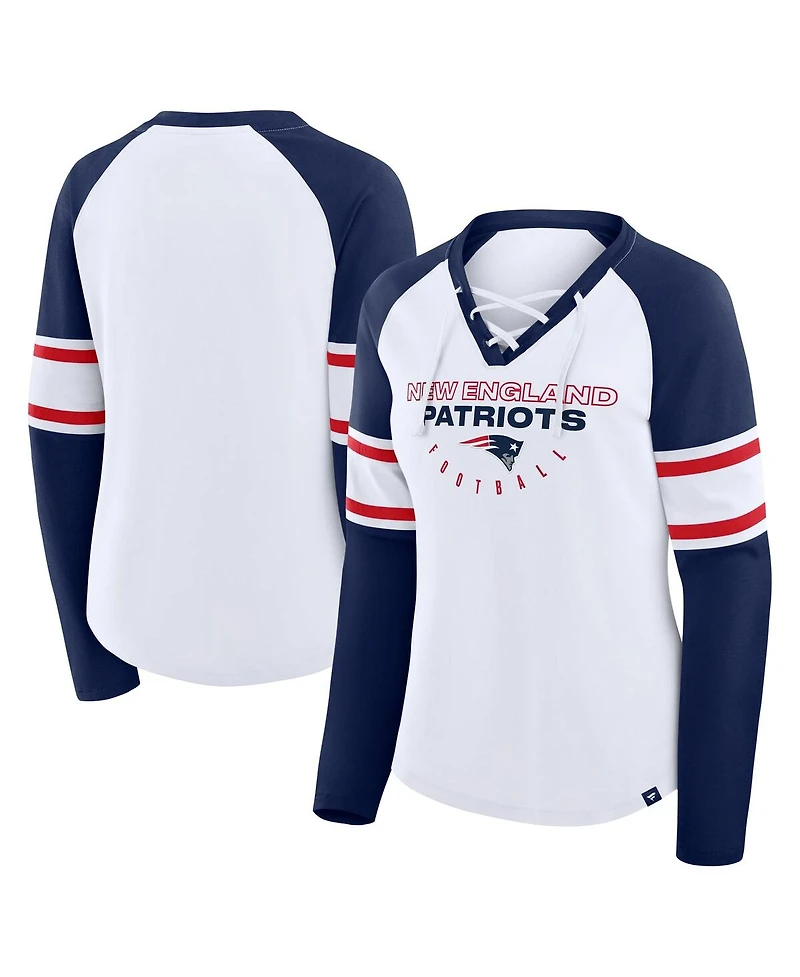 Fanatics Women's White/Navy New England Patriots Redzone Blitz Package Raglan Lace-Up V-Neck Long Sleeve T-Shirt