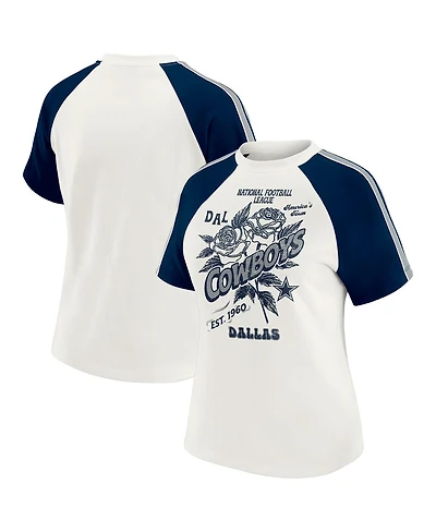 Wear by Erin Andrews Women's White/Navy Dallas Cowboys Sleeve Stripe Distressed Raglan T-Shirt