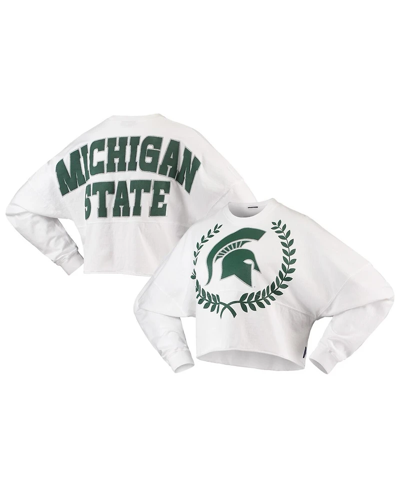 Spirit Jersey Women's White Michigan State Spartans Laurels Crop Long Sleeve T-Shirt