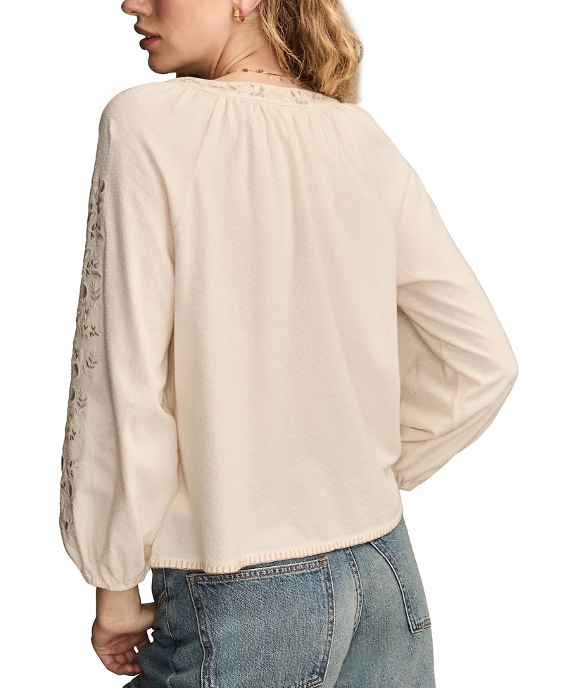 Lucky Brand Women's Embroidered Bubble Peasant Top