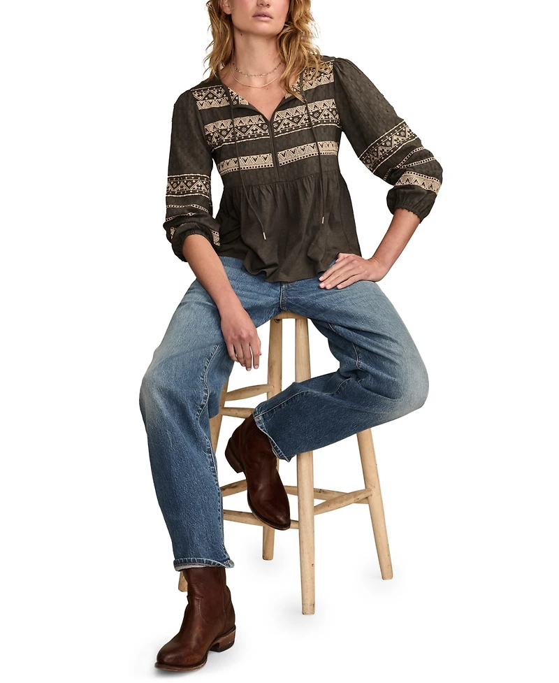 Lucky Brand Women's Mixed Trim Peasant Top