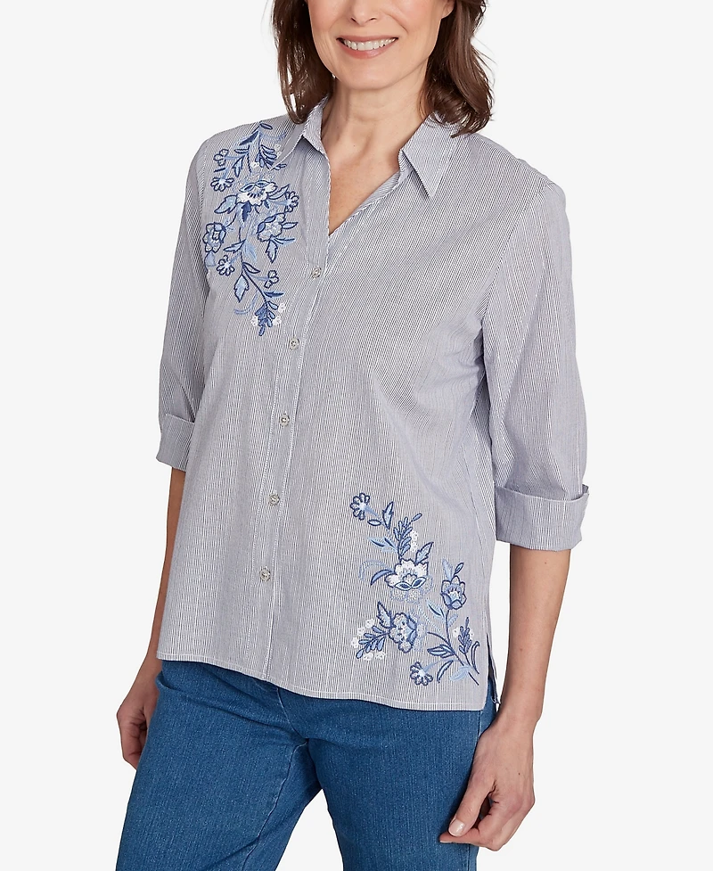 Alfred Dunner Women's Classic Diagonal Floral Metallic Stripe Button Front Top