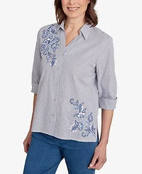 Alfred Dunner Women's Classic Diagonal Floral Metallic Stripe Button Front Top