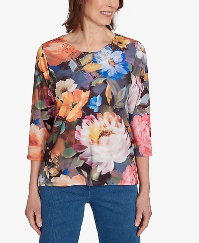 Alfred Dunner Women's Classic Dramatic Floral Lace Neck Top