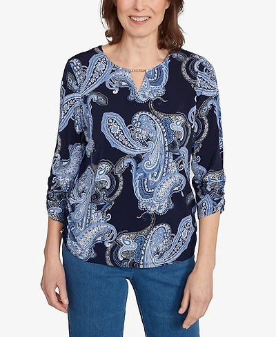 Alfred Dunner Women's Classic Puff Print Paisley Gold Foil Top