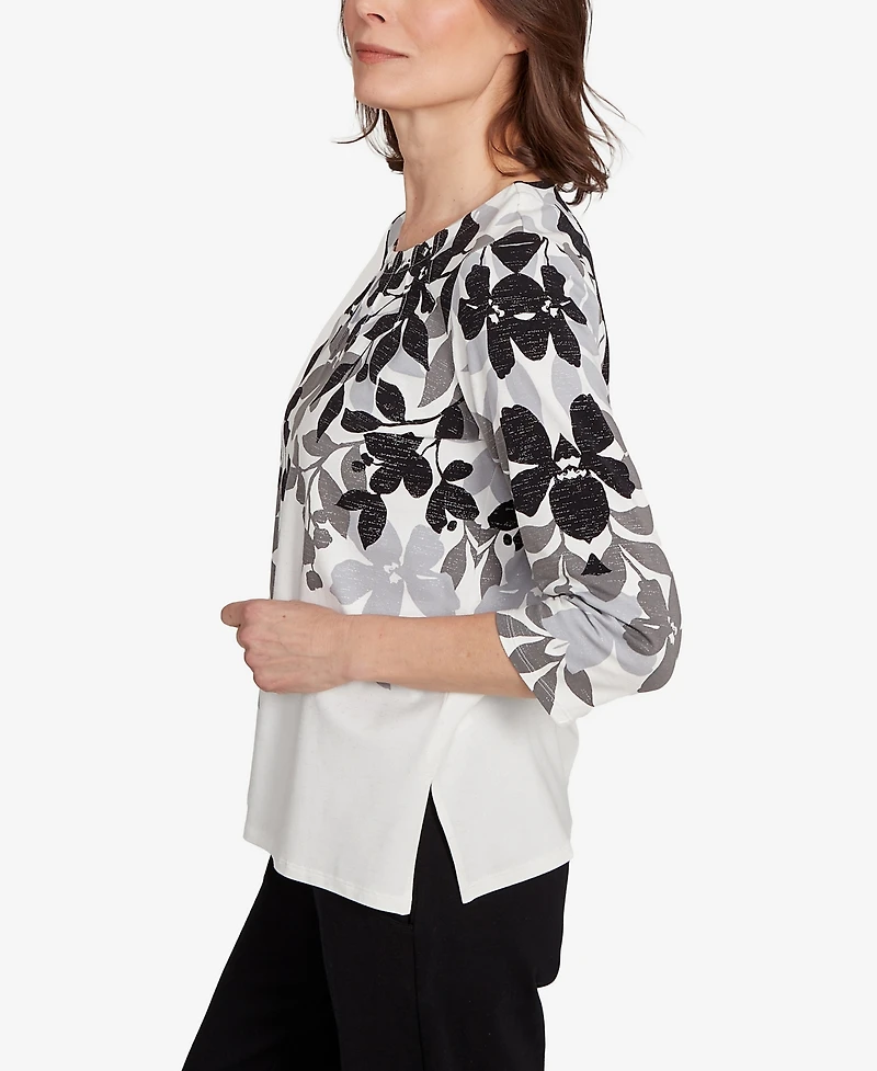 Alfred Dunner Women's Classic Shadow Leaf Three Quarter Sleeve Top