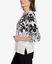 Alfred Dunner Women's Classic Shadow Leaf Three Quarter Sleeve Top