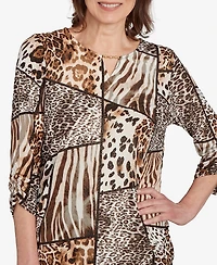 Alfred Dunner Women's Classic Puff Animal Print Color Block Top