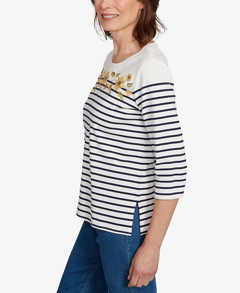 Alfred Dunner Women's Classic Sunflower Striped Crew Neck Top