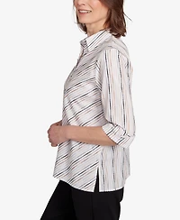 Alfred Dunner Women's Classic Mitered Textured Stripe Button Front Top