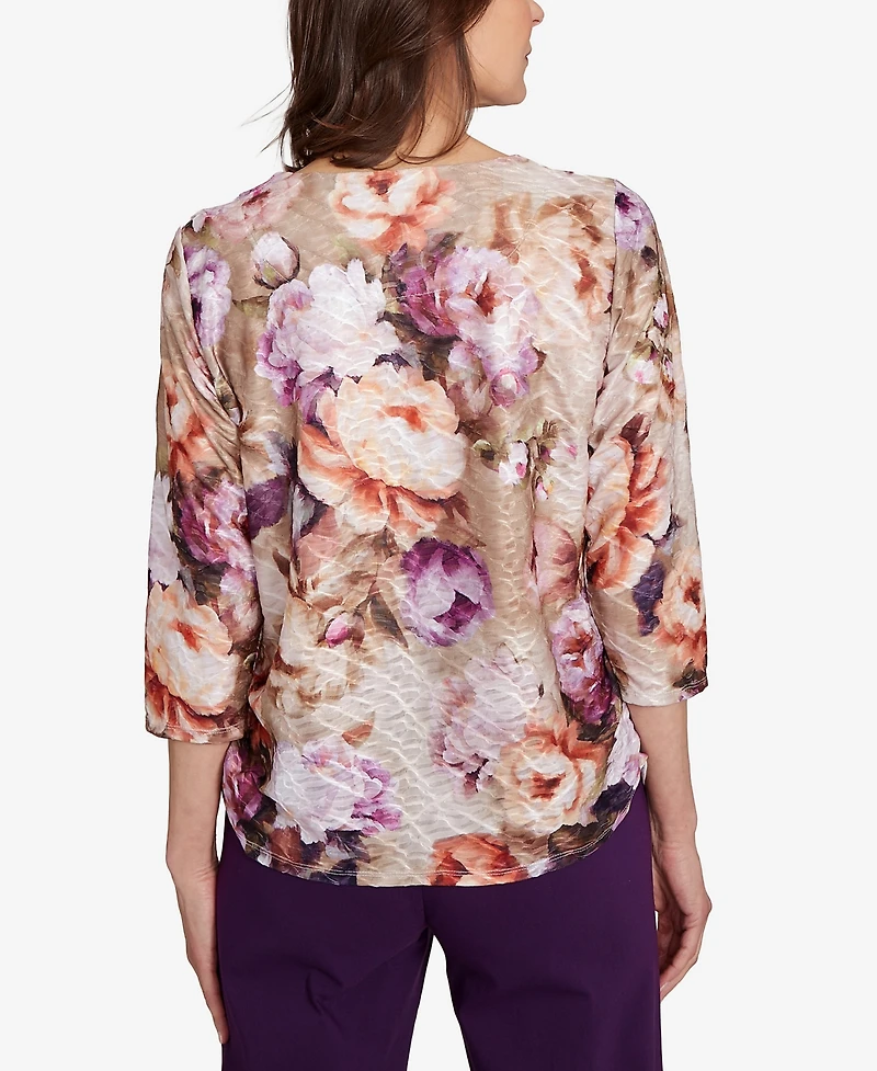 Alfred Dunner Women's Classic Textured Floral Ruched Sides Top