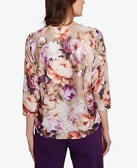 Alfred Dunner Women's Classic Textured Floral Ruched Sides Top