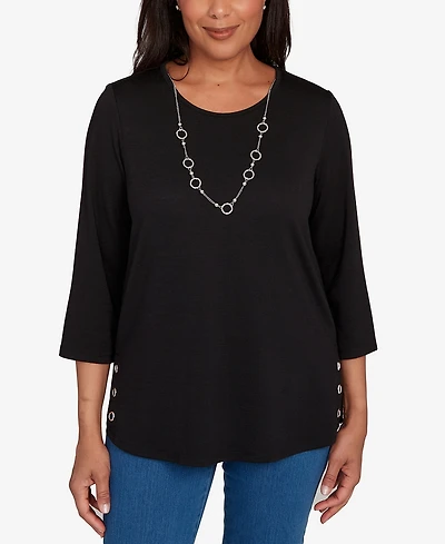 Alfred Dunner Women's Classic Melange Side Button Crew Neck Top with Necklace
