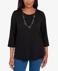 Alfred Dunner Women's Classic Melange Side Button Crew Neck Top with Necklace