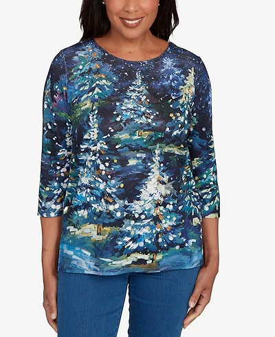 Alfred Dunner Women's Classic Starry Night Holiday Tree Crew Neck Top