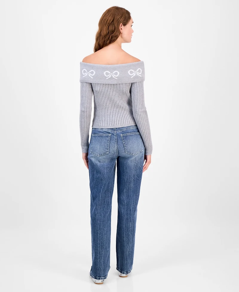 Madden Girl Juniors' Jacquard-Bow Off-The-Shoulder Sweater