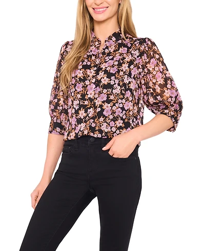 CeCe Women's Ruched Sleeve Hidden Placket Open Collar Top