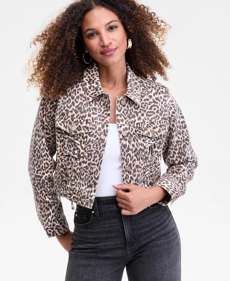 I.n.c. International Concepts Women's Leopard-Print Lace-Up Denim Jacket, Macy's Exclusive