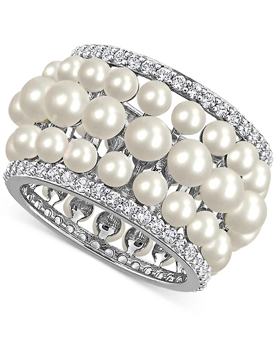 Cultured Freshwater Pearl (3 - 4-1/2mm) & Lab Grown White Sapphire (1-5/8 ct. t.w.) Multirow Ring Sterling Silver