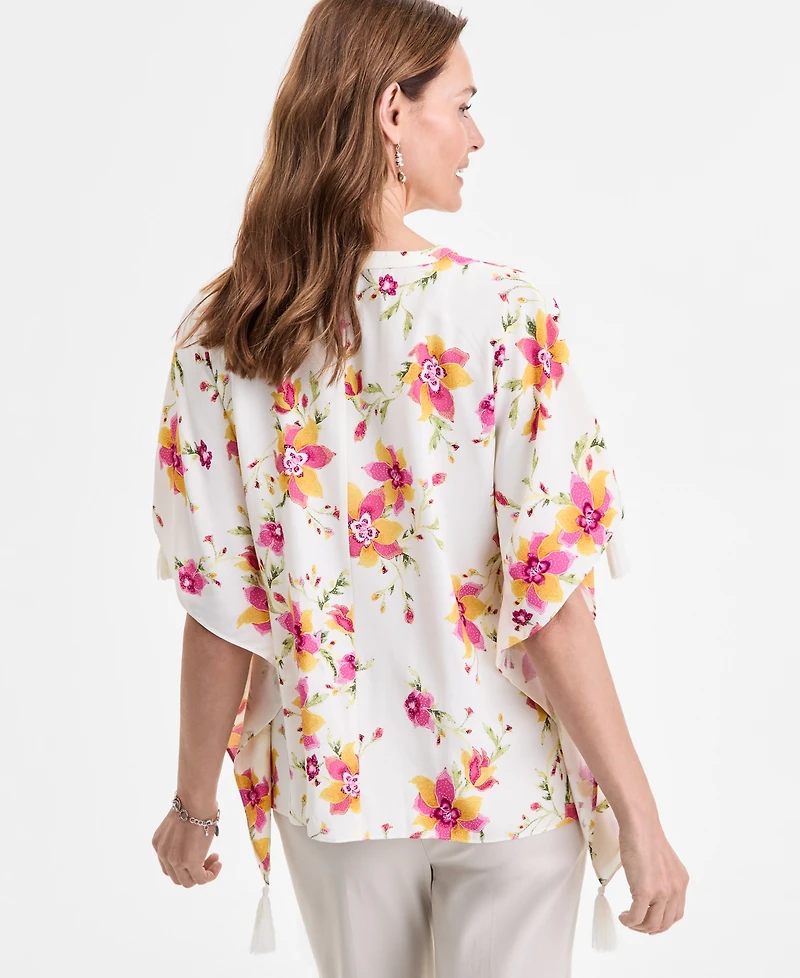 Jm Collection Women's Printed Tassel-Trim Poncho Top, Exclusively at Macy's