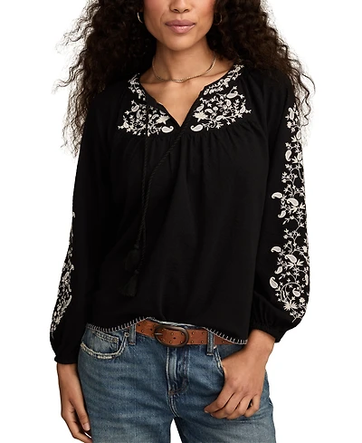 Lucky Brand Women's Embroidered Bubble Peasant Top