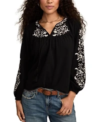 Lucky Brand Women's Embroidered Bubble Peasant Top