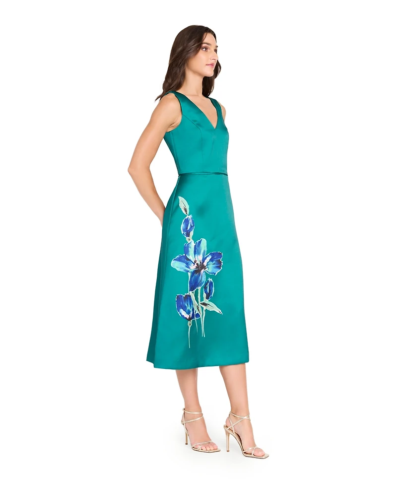 Tahari Asl Women's V-Neck Flower Print Detail Midi Dress