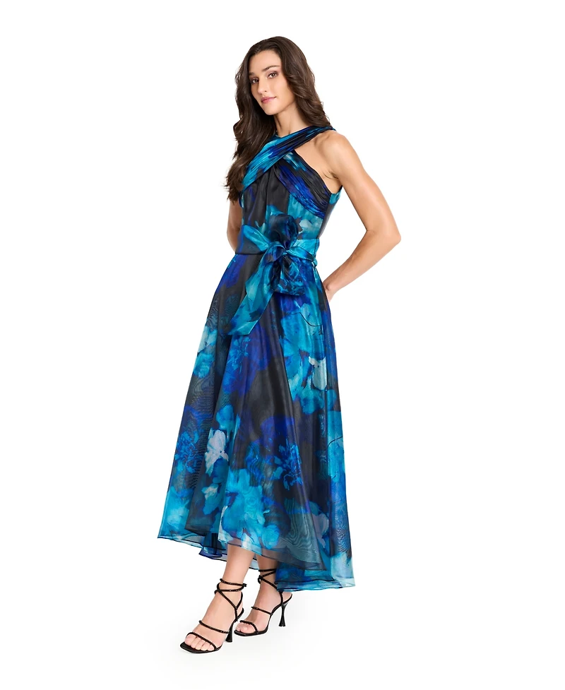 Tahari Asl Women's Printed Organza Cross Neck Midi Dress