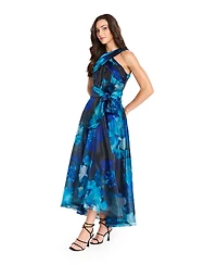 Tahari Asl Women's Printed Organza Cross Neck Midi Dress