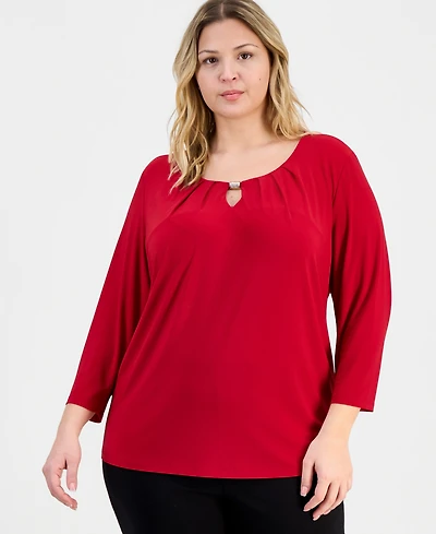 Kasper Plus 3/4-Sleeve Pintucked Keyhole Top
