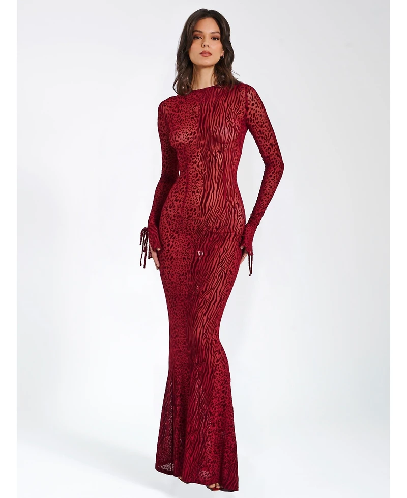 Miss Circle Women Waylynn Burnout Velvet Detail Mesh Backless Maxi Dress