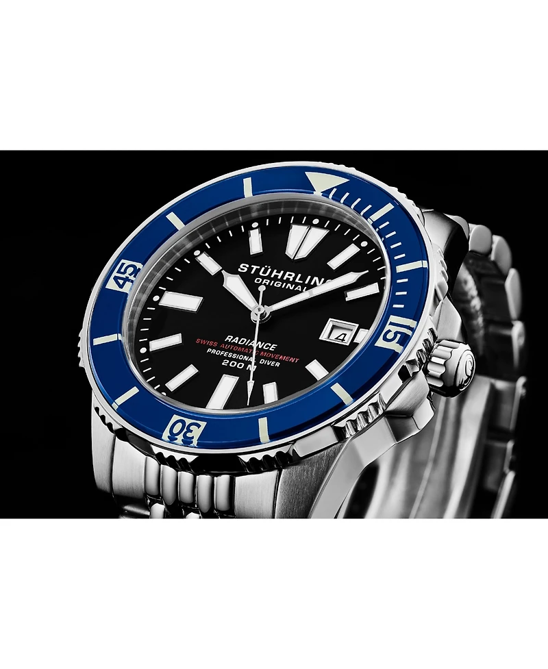 Stuhrling 1006 Men s Automatic Dive Watch Swiss Movement Black Dial Luminous Hands Unidirectional Bezel Stainless Steel Beaded Bracelet Date Window