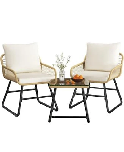Yaheetech 3 Piece Outdoor Wicker Rattan Boho Coffee Table 2 Chairs Tan Cream