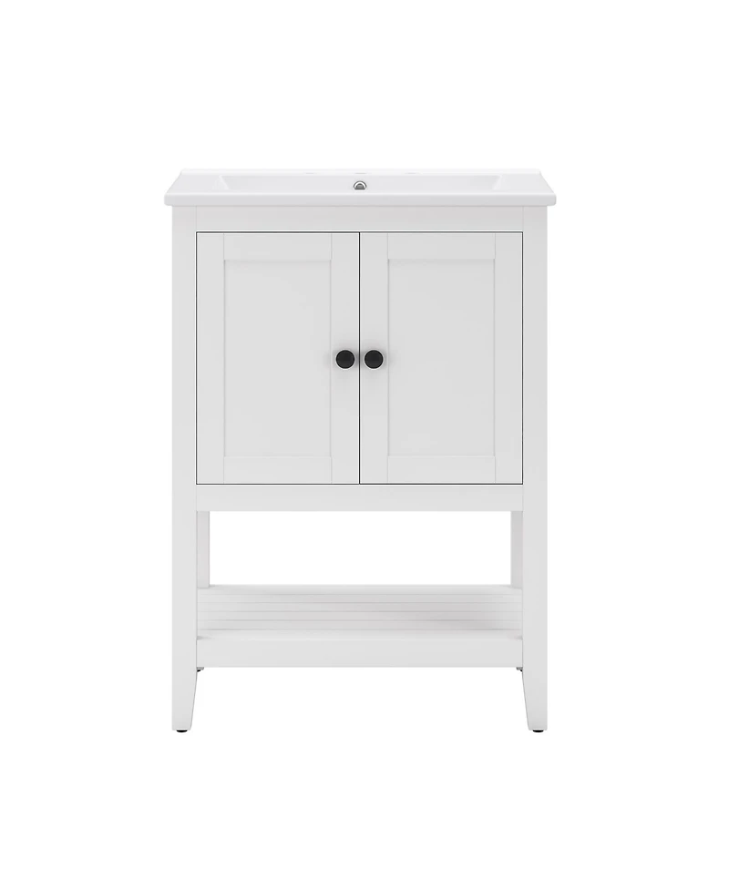 Casainc 24" Modern Bathroom Vanity with Ceramic Sink, Solid Wood Frame & Open Shelf