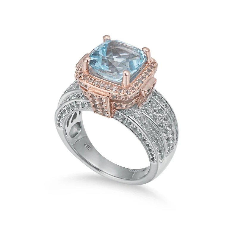 Suzy Levian New York Two-Tone Sterling Silver Cushion Cut Center Topaz Cocktail Milano Ring