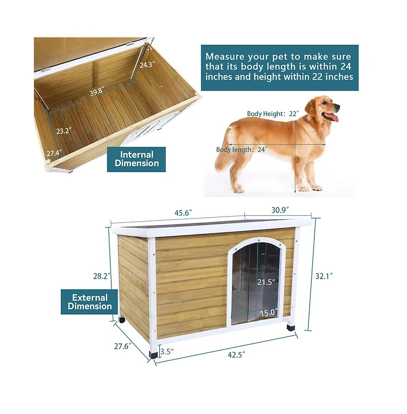 Aostirmotor Yellow Medium Wooden Outdoor Dog House with Adjustable Plastic Feet and Elevated Floor