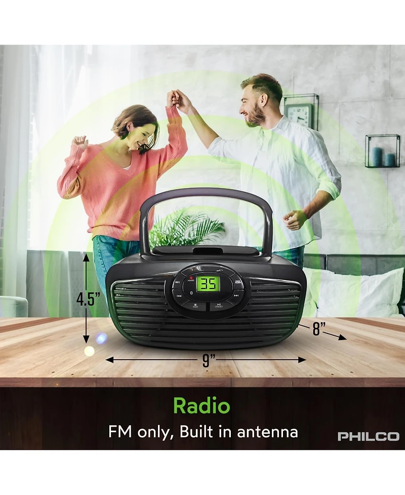Philco Boombox Portable Cd Player with Bluetooth, Usb Playback and Cd Player is Compatible with MP3/Wma/Cd-r/Cd-rw CDs, Auxiliary Input, Stereo Sound